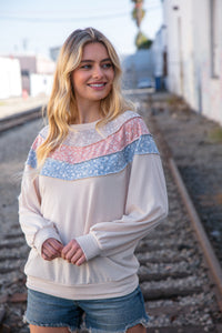 Moments in Time Taupe & Sky Blue Thermal Knit Out Seam Stitch Pullover