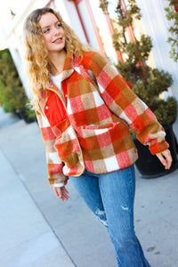 It's Your Best Plaid Sherpa Button Down Jacket in Rust & Camel