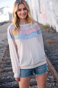 Moments in Time Taupe & Sky Blue Thermal Knit Out Seam Stitch Pullover