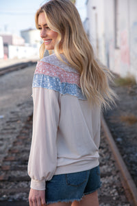 Moments in Time Taupe & Sky Blue Thermal Knit Out Seam Stitch Pullover