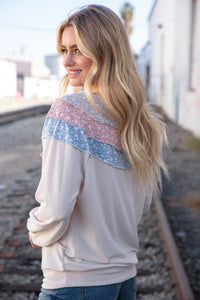 Moments in Time Taupe & Sky Blue Thermal Knit Out Seam Stitch Pullover