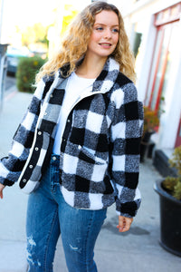 It's Your Best Plaid Sherpa Button Down Jacket in Black & Ivory