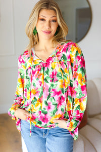 Pretty In Pink Watercolor Floral Yoke Tie Top