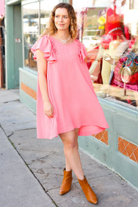 Out For The Day Crinkle Woven Ruffle Sleeve Dress in Peach