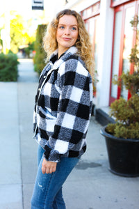 It's Your Best Plaid Sherpa Button Down Jacket in Black & Ivory
