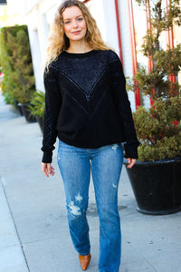 Making Moves Cable Knit Pointelle Crew Neck Sweater in Black