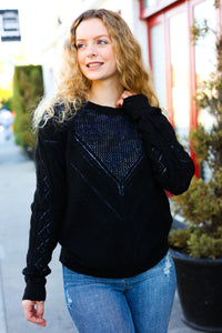 Making Moves Cable Knit Pointelle Crew Neck Sweater in Black