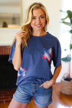 Load image into Gallery viewer, Patriotic Denim French Terry Plaid Start Patch Top in Blue
