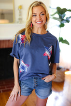 Load image into Gallery viewer, Patriotic Denim French Terry Plaid Start Patch Top in Blue

