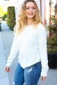 Making Moves Cable Knit Pointelle Crew Neck Sweater in Ivory