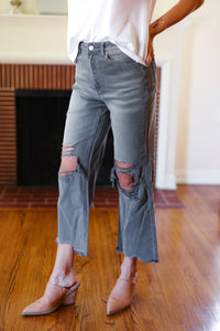 Cut Loose High Rise Washed Distressed Cropped Pants in Ash Black