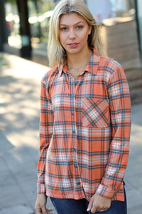 Dodge the Fog Plaid Lightweight Button Up Shacket in Rust