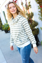 Load image into Gallery viewer, Vintage Olive Striped Cowl Neck Cotton Terry Hoodie
