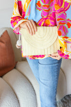 Load image into Gallery viewer, Raffia Flap Closure Clutch Bag with Wrist Strap and Pom Pom
