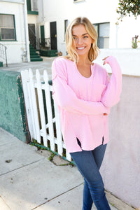 Eyes On You Mineral Wash Rib Notch Neck Pocket Top in Pink