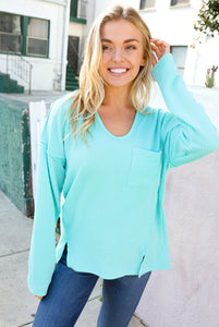 Eyes On You Mineral Wash Rib Notch Neck Pocket Top in Seafoam