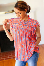 Load image into Gallery viewer, Red &amp; Blue Boho Stripe Flutter Sleeve Top

