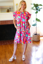 Load image into Gallery viewer, Look of Love Fuchsia Abstract Floral Print Smocked Ruffle Sleeve Dress
