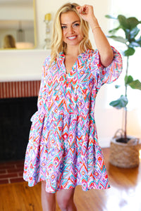 Love Found Blue & Lavender Ikat Print V Neck Dress