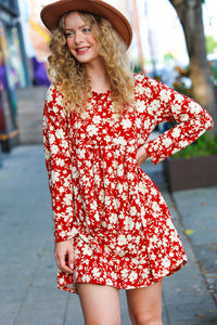 Just Be You Floral Long Sleeve Babydoll Dress in Rust