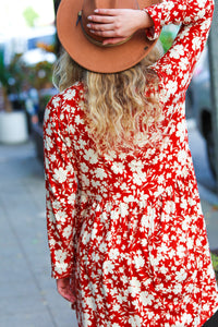 Just Be You Floral Long Sleeve Babydoll Dress in Rust