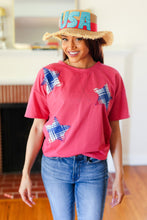 Load image into Gallery viewer, Patriotic Fench Terry Plaid Star Patch Top in Red
