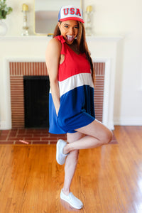 Holiday Ready Red White & Blue Color Block Shoulder Tie Romper