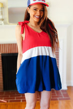 Load image into Gallery viewer, Holiday Ready Red White &amp; Blue Color Block Shoulder Tie Romper
