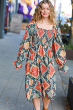 Load image into Gallery viewer, Join Me Later Rust/Teal Boho Smocked Woven Midi Dress
