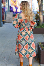 Load image into Gallery viewer, Join Me Later Rust/Teal Boho Smocked Woven Midi Dress
