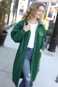 On Your Terms Fleece Button Down Duster Jacket in Forest Green