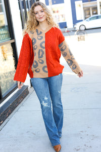 Call on Me Animal Print Cable Knit Color Block Sweater in Rust & Taupe