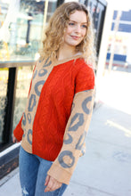 Load image into Gallery viewer, Call on Me Animal Print Cable Knit Color Block Sweater in Rust &amp; Taupe
