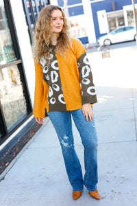 Call On Me Animal Print Cable Color Block Sweater in Mustard & Olive