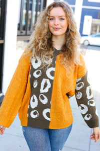 Call On Me Animal Print Cable Color Block Sweater in Mustard & Olive