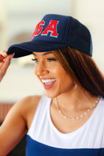 Load image into Gallery viewer, Navy &quot;USA&quot; Mesh Trucker Hat
