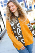 Load image into Gallery viewer, Call On Me Animal Print Cable Color Block Sweater in Mustard &amp; Olive
