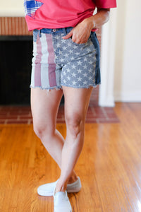 American Flag High Rise Frayed Hem Denim Shorts