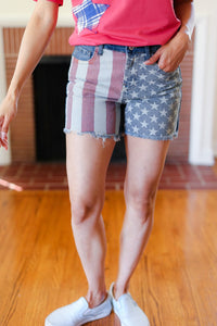 American Flag High Rise Frayed Hem Denim Shorts