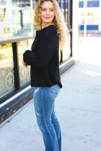 Better Than Ever Loose Knit Henley Button Sweater in Black