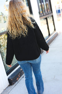 Better Than Ever Loose Knit Henley Button Sweater in Black