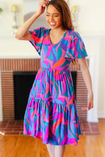 Load image into Gallery viewer, Remember Me Blue &amp; Fuchsia Geo Print V Neck Dress
