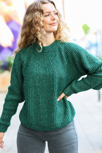 Cozy For Keeps Mélange Round Neck Knit Sweater in Holiday Green