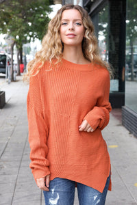 Autumn Vibes Asymmetrical Knit Sweater in Pumpkin