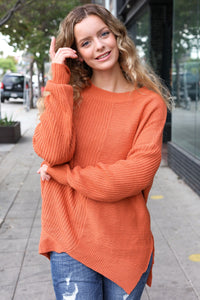 Autumn Vibes Asymmetrical Knit Sweater in Pumpkin