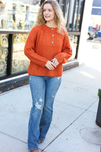 Better Than Ever Loose Knit Henley Button Sweater in Rust