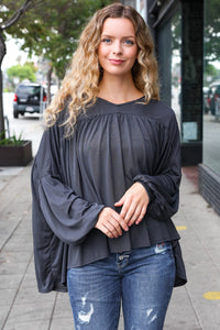 Casual Chic V Neck Yoke Modal Knit Top in Charcoal