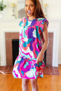 Go For Fun Fuchsia Geo Print Tiered Ruffle Sleeve Woven Dress