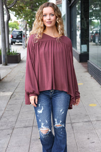 Casual Chic V Neck Yoke Modal Knit Oversized Top in Wine