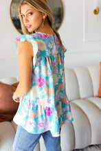 Load image into Gallery viewer, Lovely in Baby Blue Floral Flutter Sleeve Keyhole Back Top
